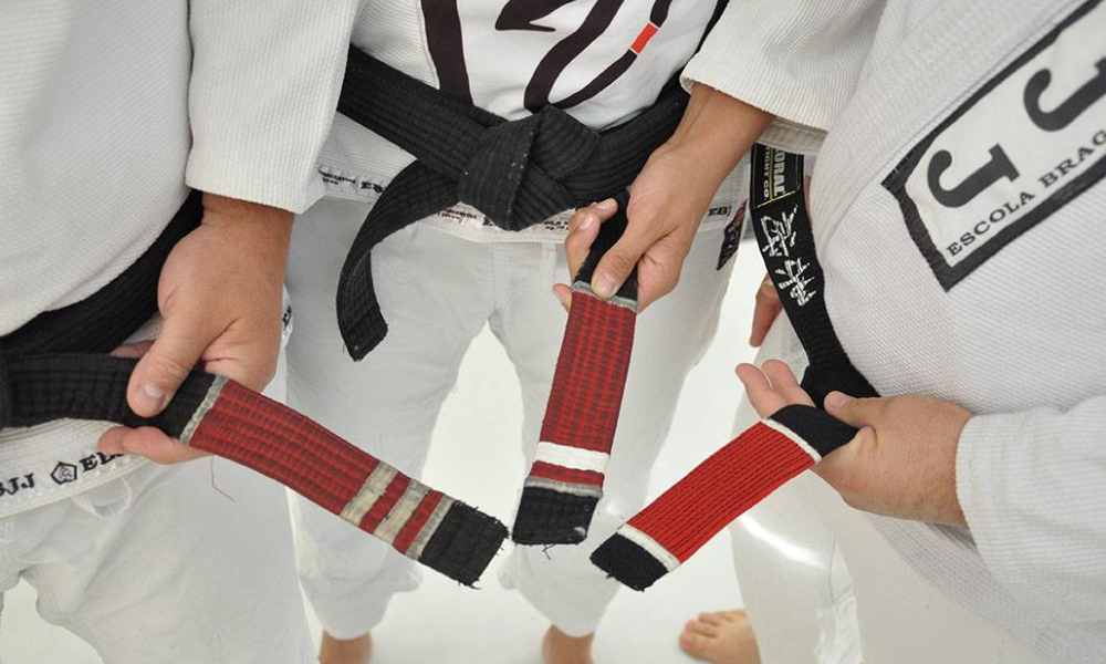 Martial arts practitioners wearing prestigious black belts.