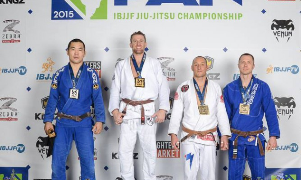 A photo of finalists for the IBJJF jiu-jitsu championship.
