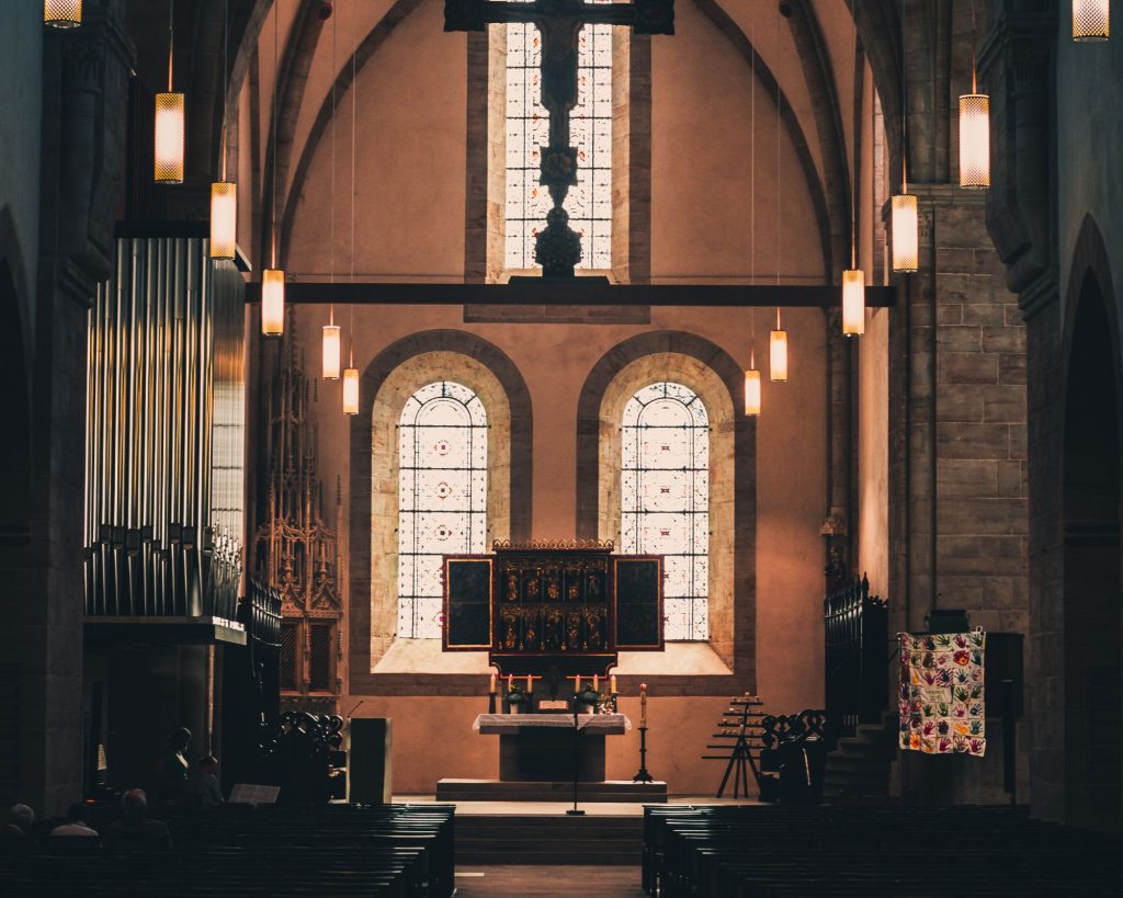 The interior of a Catholic church.