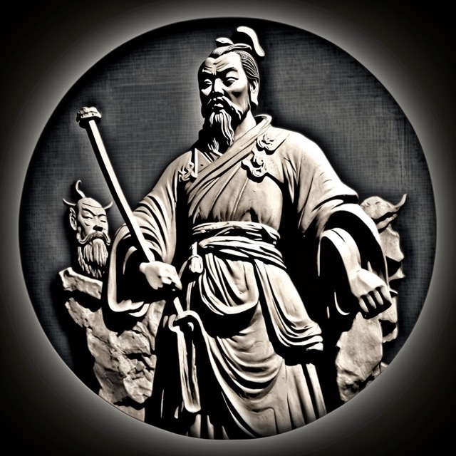 Sun Tzu wielding bo staff