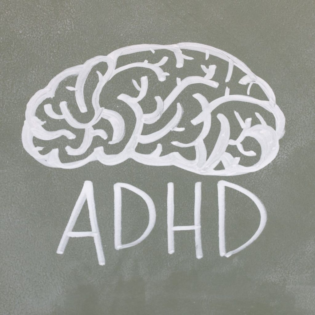 A drawing of a brain on a chalkboard with the words, "ADHD," written on it.